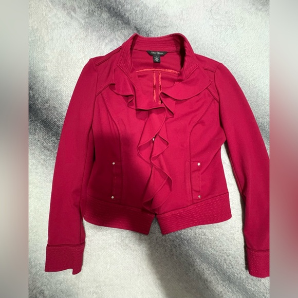 (B1) WHBM Red Pink Ruffle Cardinal Ponte Office Day Lifestyle Moto Jacket 6 - Picture 4 of 9